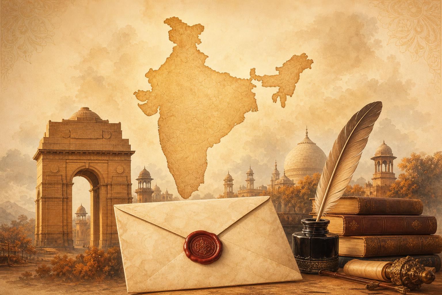 India map, envelope, books and heritage artwork